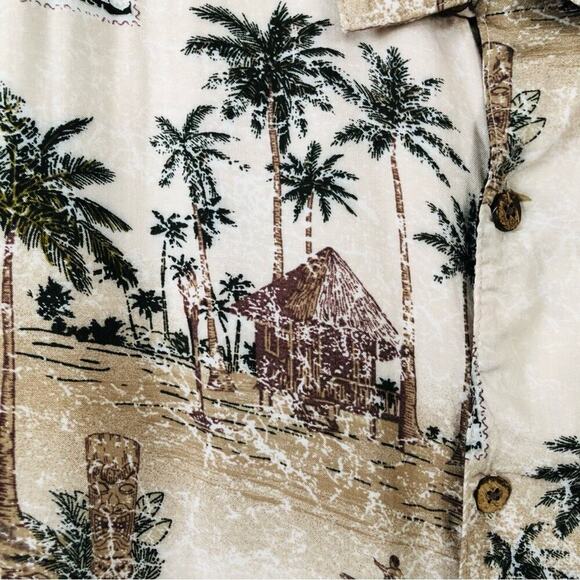 Havana Jack’s Cafe Hawaiian Shirt Small Aloha Tan Palm Tree Beach Coconut Bttns - Picture 9 of 9